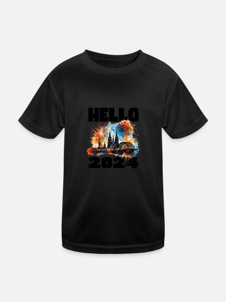 Happy New Year with fireworks in Cologne - Kids Functional T-Shirt - black - Front