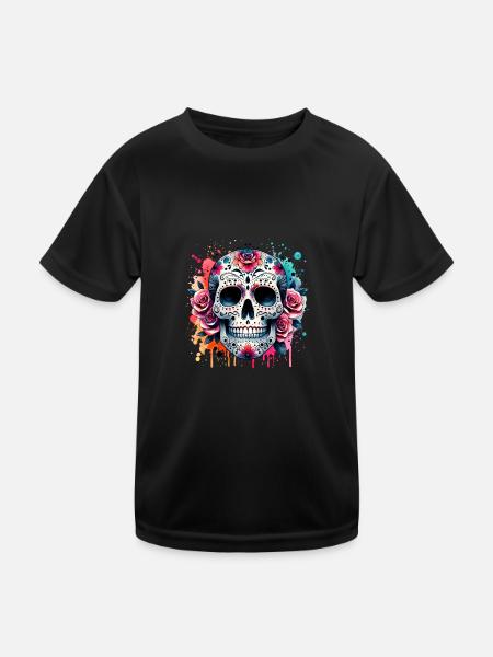 Bunter Totenkopf für Karnival, Halloween und Día - Kinder Funktions-T-Shirt - Schwarz - Vorne