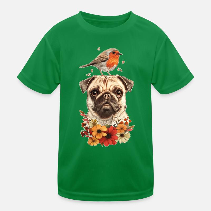 Mops mit Vogel Kinder Funktions-T-Shirt