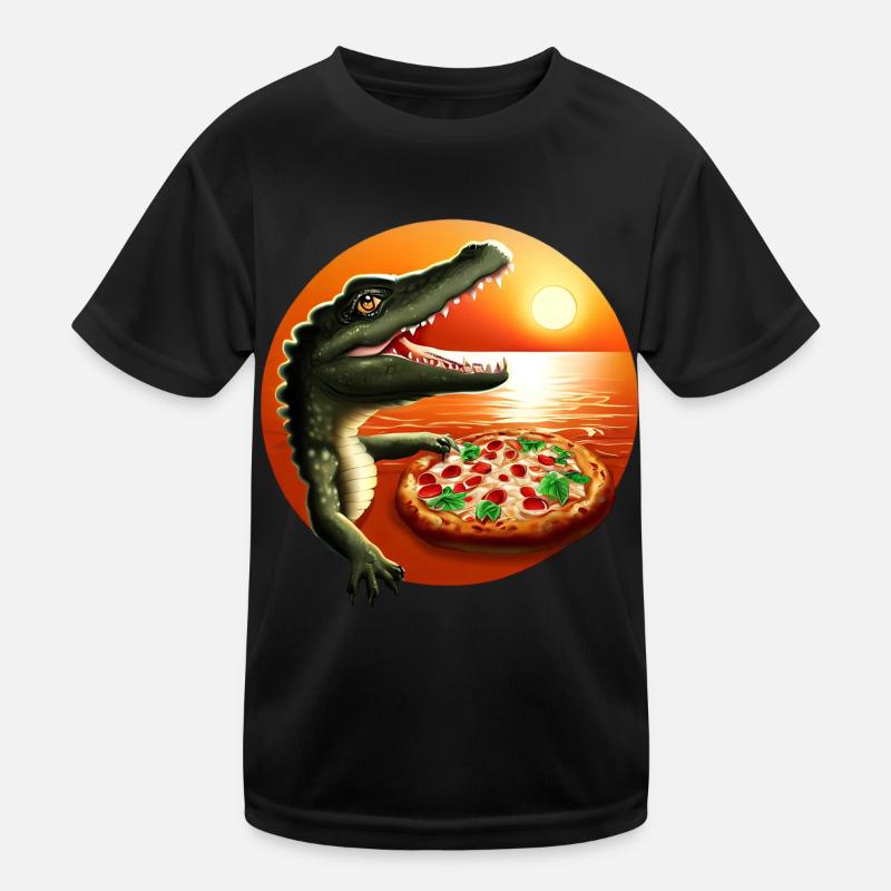 Sunset with pizza crocodile - Kids Functional T-Shirt - black