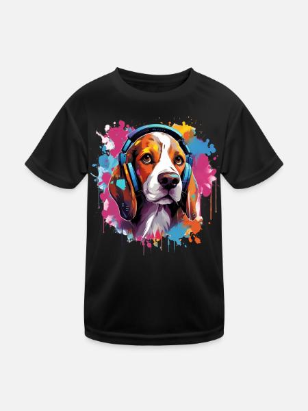 Bunter Beagle mit Kopfhörer Farbspritzer - Kinder Funktions-T-Shirt - Schwarz - Vorne