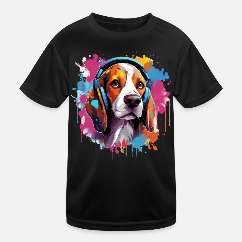 Bunter Beagle mit Kopfhörer Farbspritzer Kinder Funktions-T-Shirt
