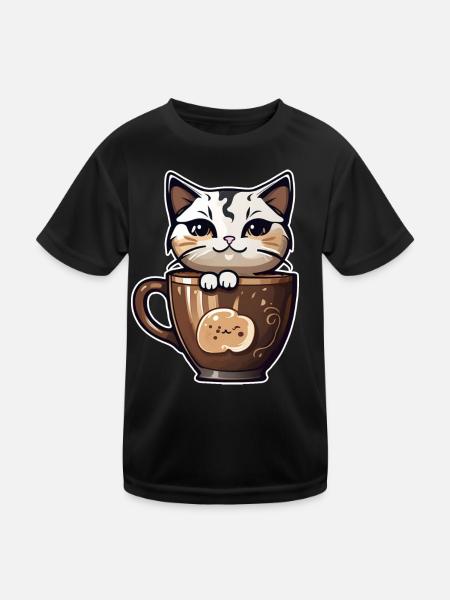 Niedliche Kaffee Katze - Kinder Funktions-T-Shirt - Schwarz - Vorne