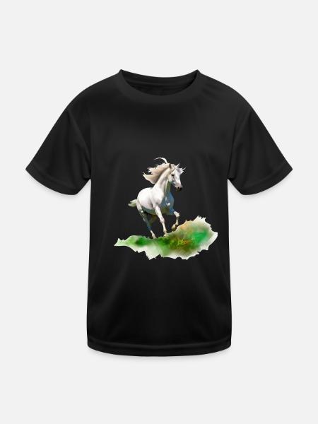 White horse style realistic painting in a meadow - Kids Functional T-Shirt - black - Front