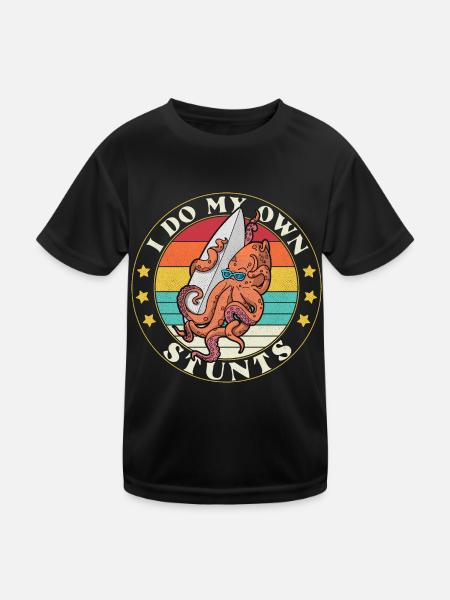 Surfing Octopus Watersports Squid Surfing - Kids Functional T-Shirt - black - Front