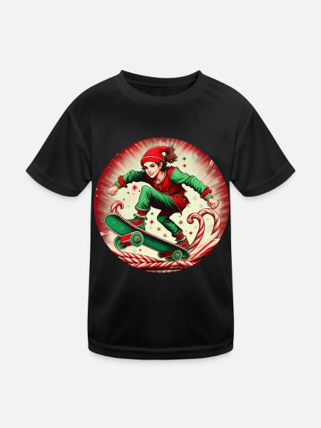 Christmas Elf Skateboarding - Kids Functional T-Shirt - black - Front