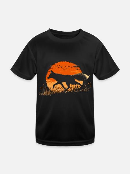 Fox silhouette in front of a sun - Kids Functional T-Shirt - black - Front