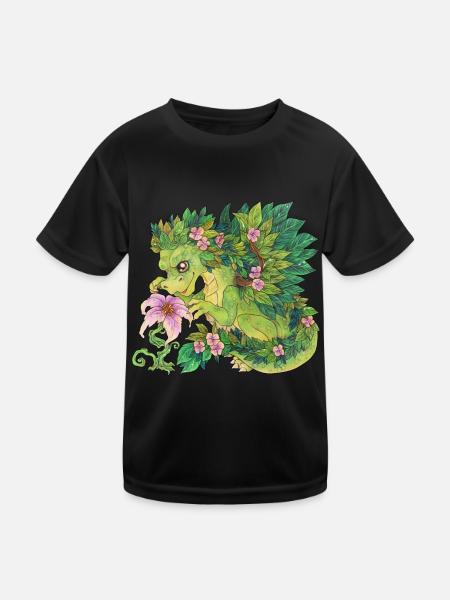 Niedlich Drache Phantasie Mythologie Pflanze Blume - Kinder Funktions-T-Shirt - Schwarz - Vorne
