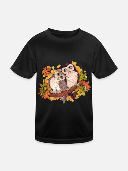 Niedliches Eulen Paar im Herbst mit Kastanie - Kinder Funktions-T-Shirt - Schwarz - Vorne
