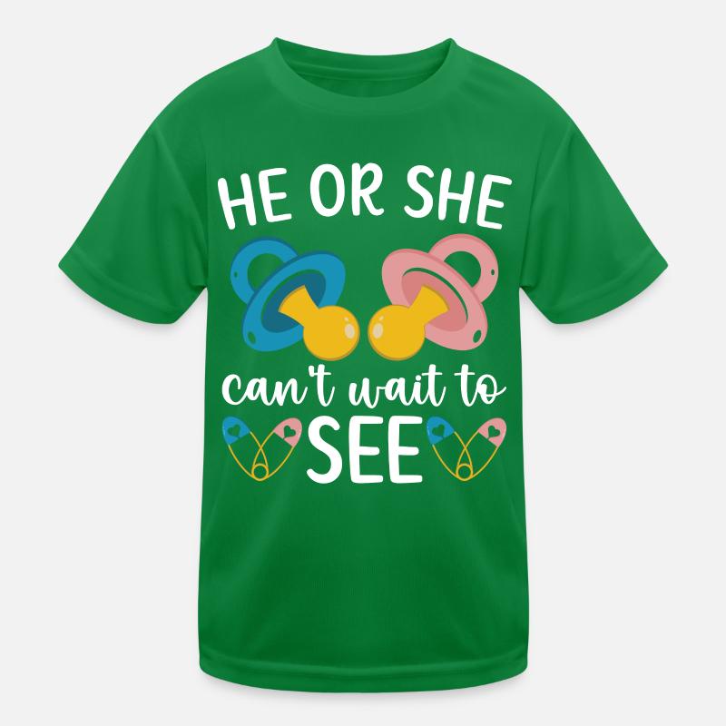 Er oder Sie kann nicht warten, um Baby-Ankündigung Kinder Funktions-T-Shirt