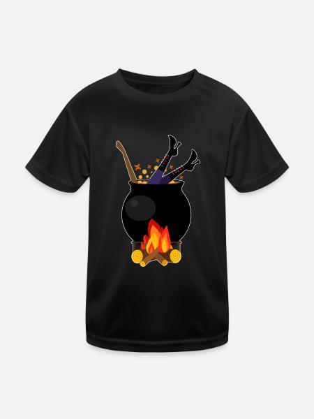 Hexe in Kochtopf - Halloween Kochen Feuerholz - Kinder Funktions-T-Shirt - Schwarz - Vorne