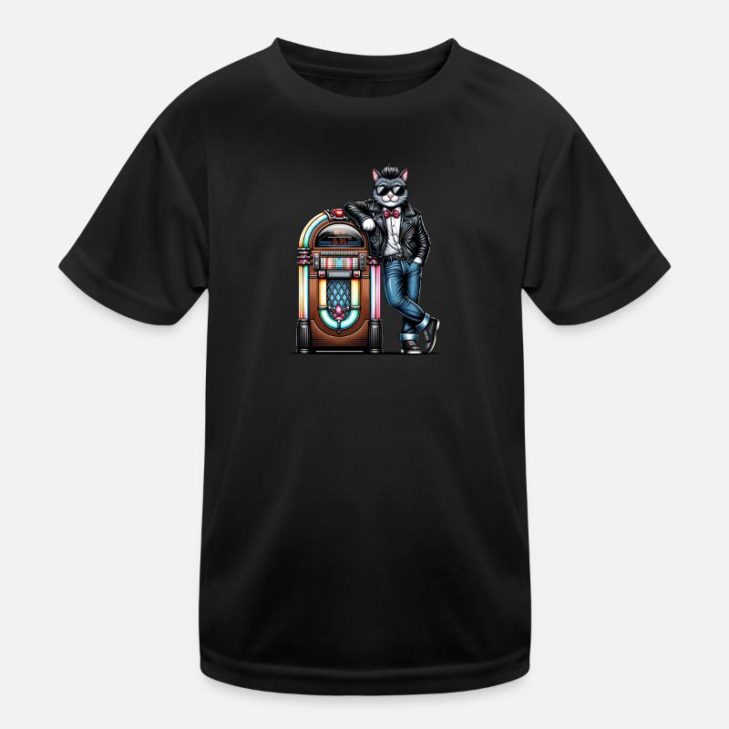 Rockabilly Cat debout devant un juke-box des années 80. T-shirt sport Enfant