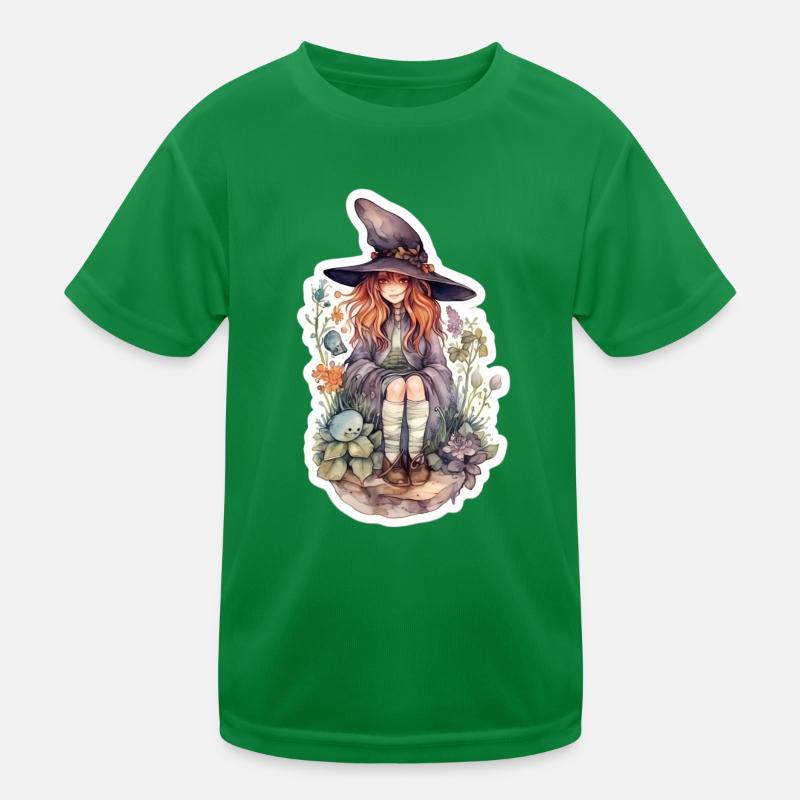 Hexe sitzt auf einem Stein Kinder Funktions-T-Shirt