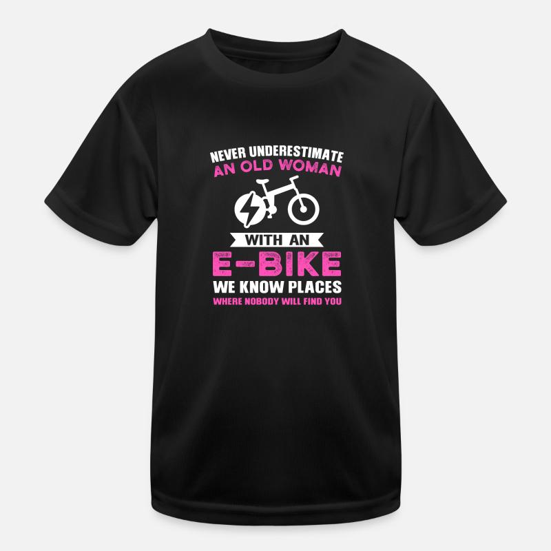 Frau mit einem E-Biking Electric Bicycle Geschenk Kinder Funktions-T-Shirt