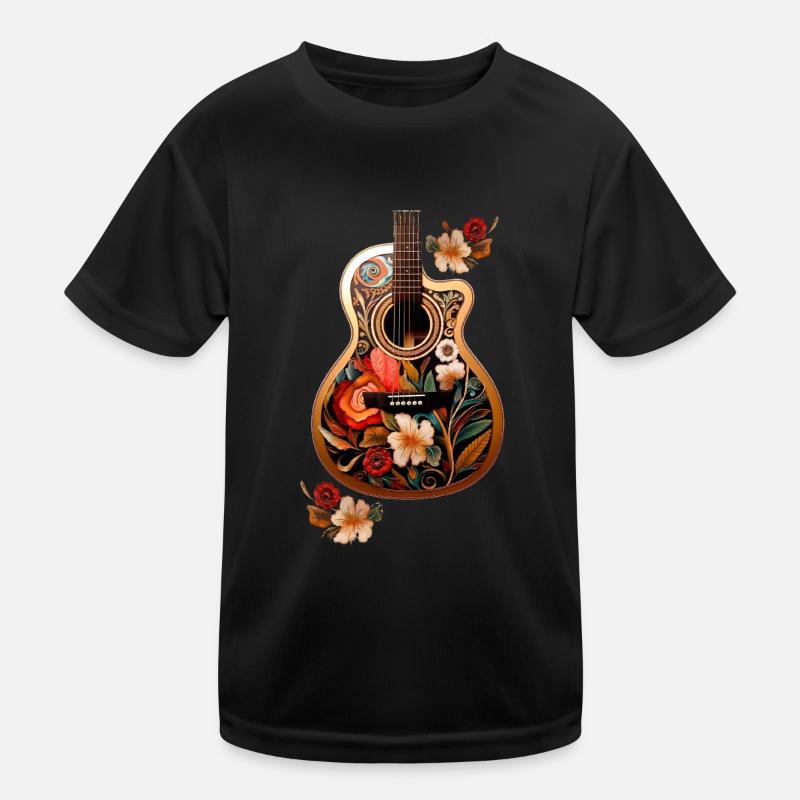 Beautiful guitar with floral pattern - Kids Functional T-Shirt - black