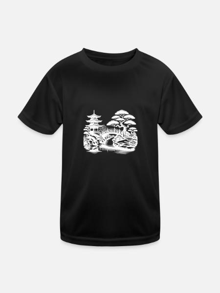 Spiritual Balance Japanese Temple Bridge - Kids Functional T-Shirt - black - Front