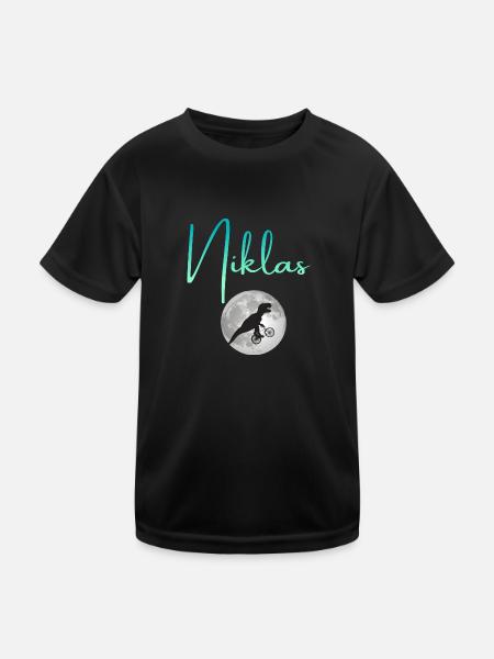 NIKLAS - Schöner Jungen Name mit Dinosaurier - Kinder Funktions-T-Shirt - Schwarz - Vorne