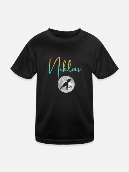 NIKLAS - Schöner Jungen Name mit Dinosaurier - Kinder Funktions-T-Shirt - Schwarz - Vorne