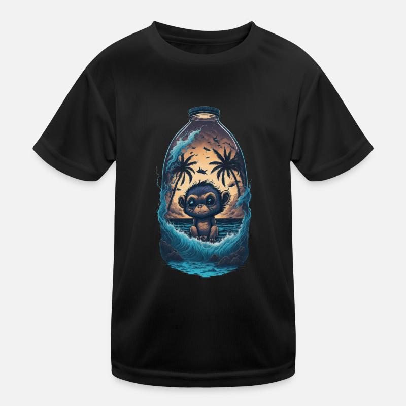 Singe Bouteille Palmiers Plage Mer Vagues T-shirt sport Enfant