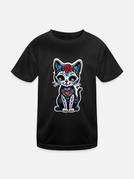 Katze Mexiko - Dia de los Muertos - Kinder Funktions-T-Shirt - Schwarz - Vorne