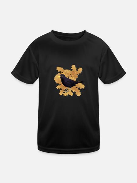 Amsel auf Herbstlaub - Kinder Funktions-T-Shirt - Schwarz - Vorne