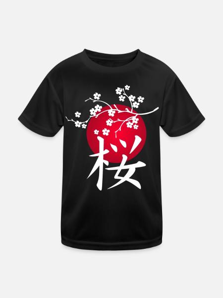 Weiße japanische Kirsche und rote Sonne - Kinder Funktions-T-Shirt - Schwarz - Vorne