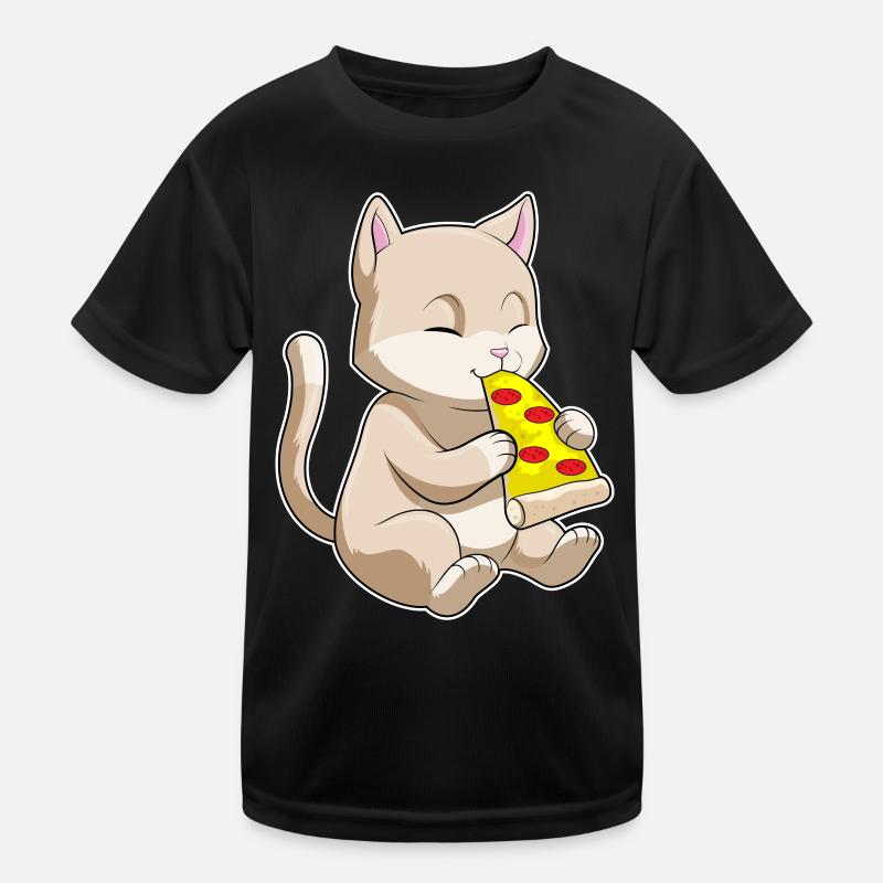 Katze mit Pizza - Kinder Funktions-T-Shirt - Schwarz