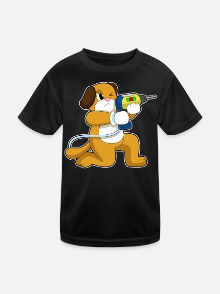 Hund Handwerker Bohrmaschine Handwerk - Kinder Funktions-T-Shirt - Schwarz - Vorne