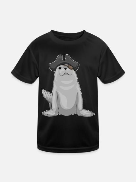 Seehund Pirat Augenklappe - Kinder Funktions-T-Shirt - Schwarz - Vorne