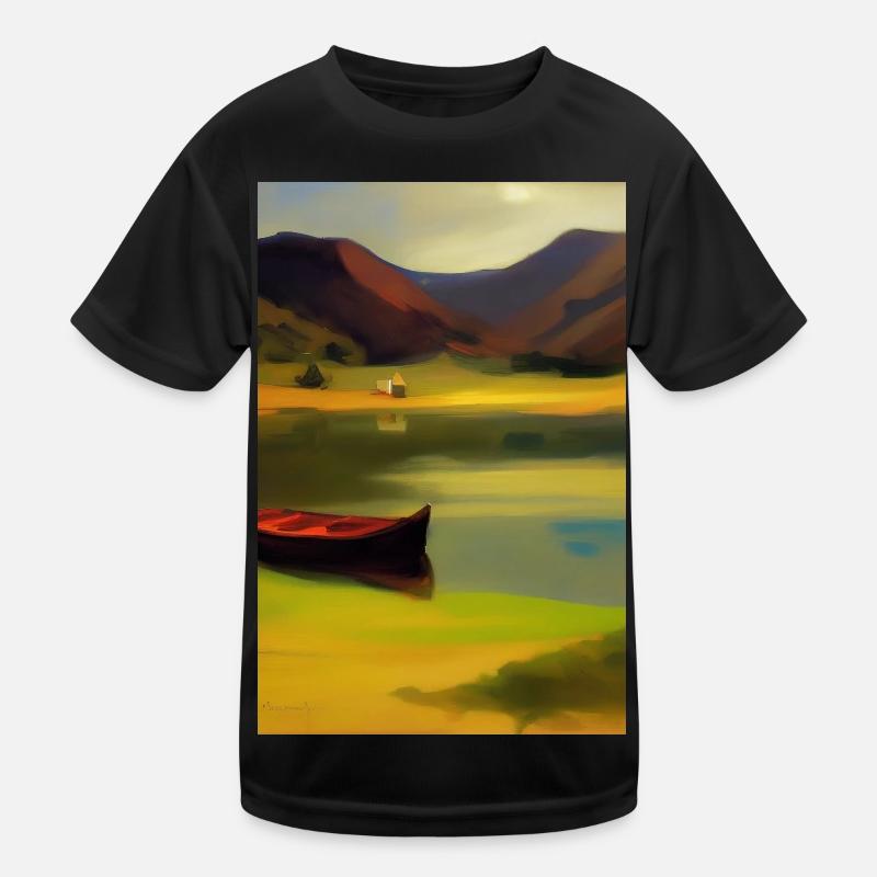Landschaft mit See, Boot und Berge Kinder Funktions-T-Shirt