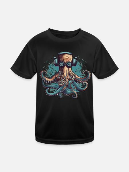 Cool nerdy octopus with glasses and headphones - Kids Functional T-Shirt - black - Front