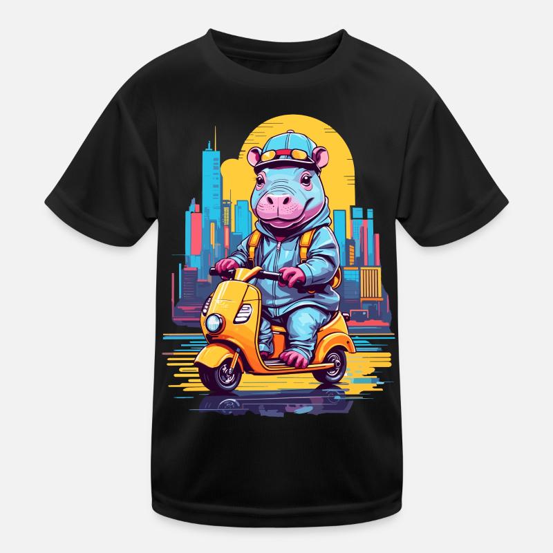 Hippopotamus on Scooter Kids Functional T-Shirt