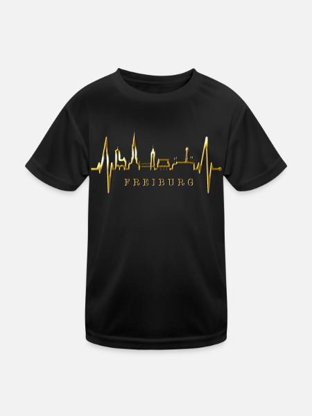 Freiburg im Breisgau Skyline Herzschlag Freiburger - Kinder Funktions-T-Shirt - Schwarz - Vorne