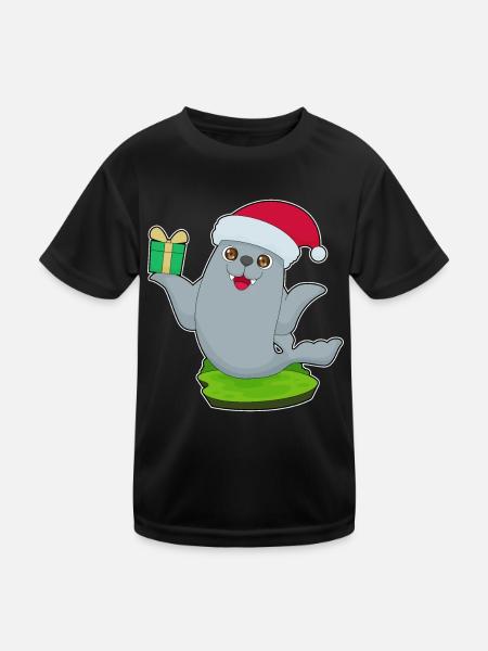 Seehund Weihnachten Paket - Kinder Funktions-T-Shirt - Schwarz - Vorne