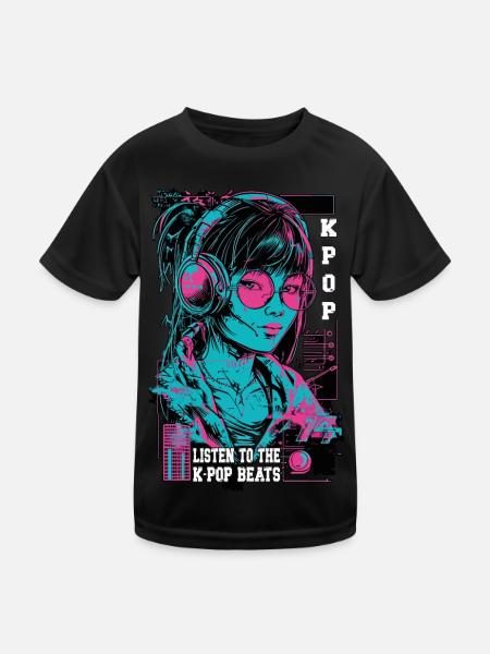 K-Pop Korea Popmusik Mädchen Kopfhörer Neon Pink - Kinder Funktions-T-Shirt - Schwarz - Vorne
