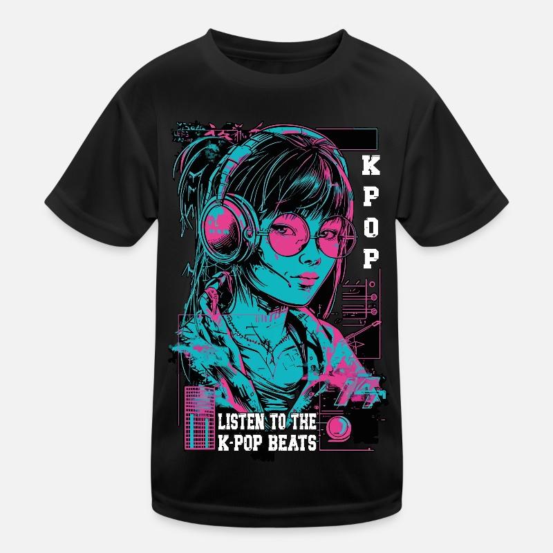 K-Pop Korea Popmusik Mädchen Kopfhörer Neon Pink Kinder Funktions-T-Shirt