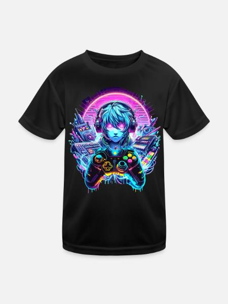 Gamer Headset Anime Synthwave Art - Kinder Funktions-T-Shirt - Schwarz