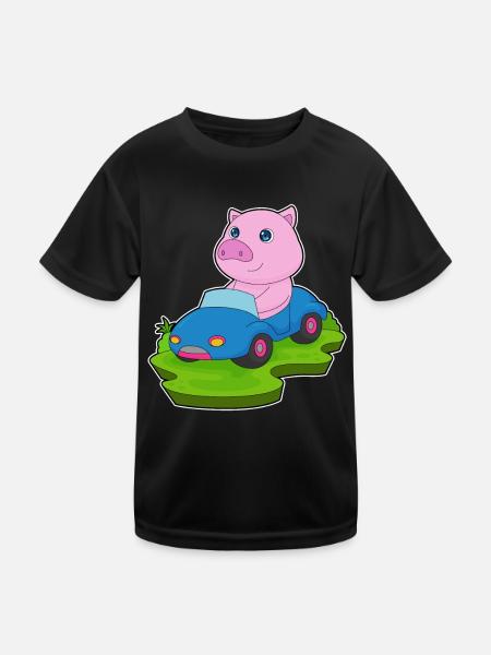 Schwein Auto - Kinder Funktions-T-Shirt - Schwarz - Vorne