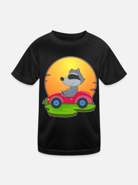 Waschbär Auto - Kinder Funktions-T-Shirt - Schwarz - Vorne