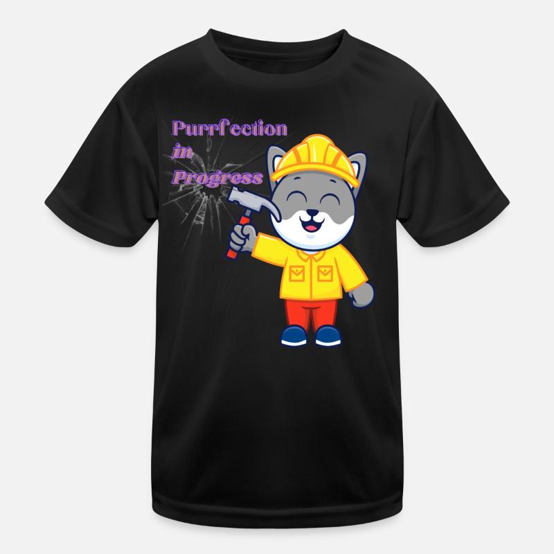Hardworking Cat in Construction Suit - Kids Functional T-Shirt - black