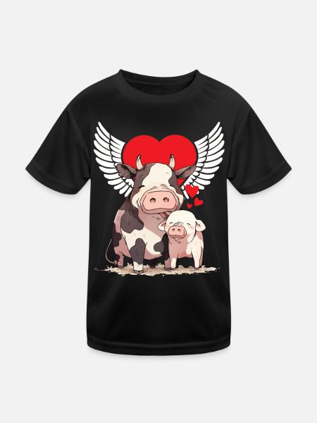 Tierlieb Tierfreund Kuh Schwein Tierschutz Herz - Kinder Funktions-T-Shirt - Schwarz - Vorne