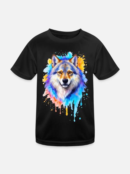 Wolf Watercolor Painting - Kids Functional T-Shirt - black - Front