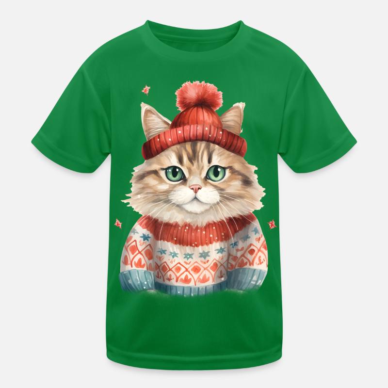 Winterkatze im Strickpullover Kinder Funktions-T-Shirt