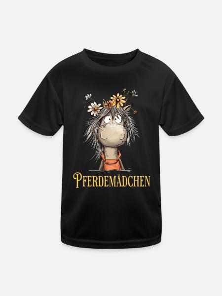 Pferdemädchen Pferd Mit Blumen Cartoon Humor - Kinder Funktions-T-Shirt - Schwarz - Vorne