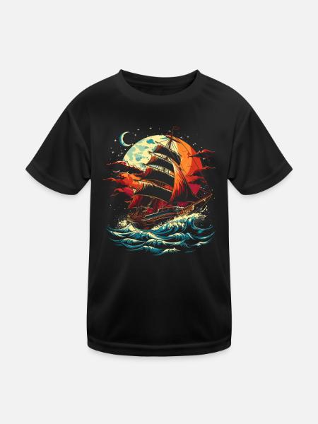 Segelschiff - Kinder Funktions-T-Shirt - Schwarz - Vorne