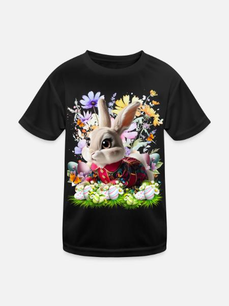 Osterhase im Blumenfeld - Kinder Funktions-T-Shirt - Schwarz