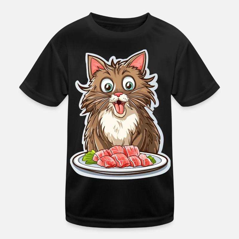 Chat Gourmand devant son Festin de Sashimis - T-shirt sport Enfant - noir