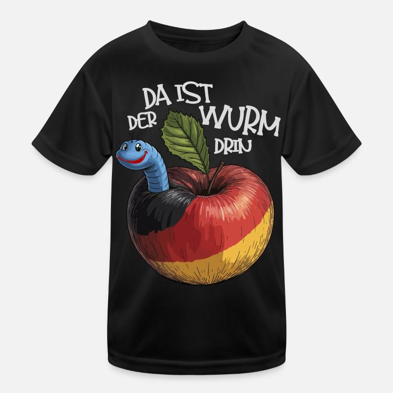 Wurm im Apfel mit Spruch - Kinder Funktions-T-Shirt - Schwarz