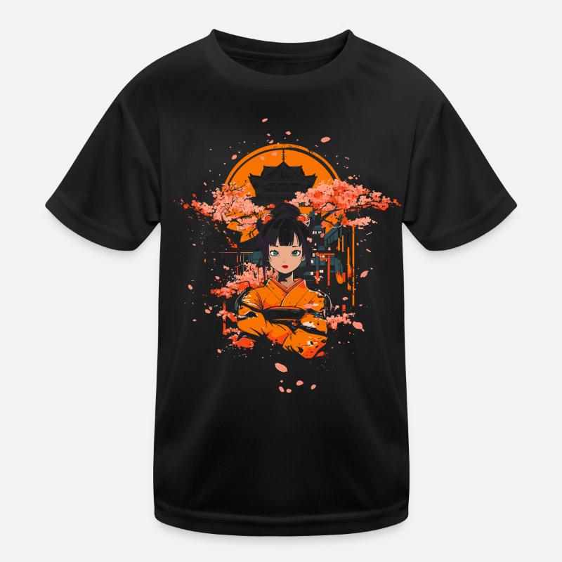 Geisha mit Kirschblüten Tempel Kinder Funktions-T-Shirt