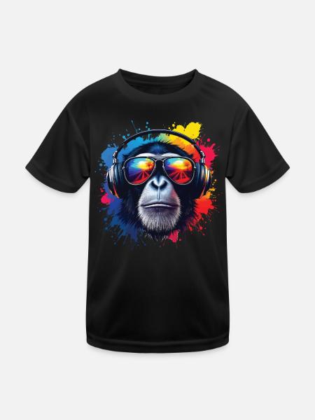 Buntes Affenkopf mit Kopfhörern - Kinder Funktions-T-Shirt - Schwarz
